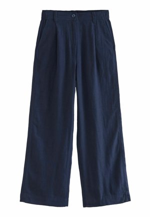 Marineblaue, weit geschnittene Hosen mit Knopf- und Reißverschluss, elastischem Bund, Gürtelschlaufen und Seitentaschen, gefertigt aus leichtem Stoff.