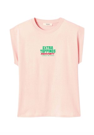T-shirt sans manches rose clair avec un texte vert et rouge au centre avant indiquant "EXTRA TOPPINGS PIZZA PARTY est toujours la réponse".