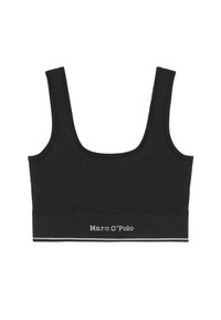 Svart sportbehå med breda remmar, texturerat tyg och elastisk band med "Marc O'Polo"-logotyp i vitt. Enkel, minimalistisk design.