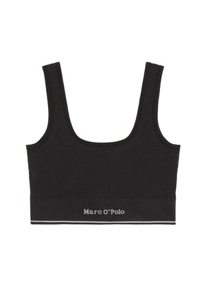 Reggiseno sportivo nero con spalline larghe, tessuto testurizzato e fascia elastica con il logo "Marc O'Polo" in bianco. Design semplice e minimalista.