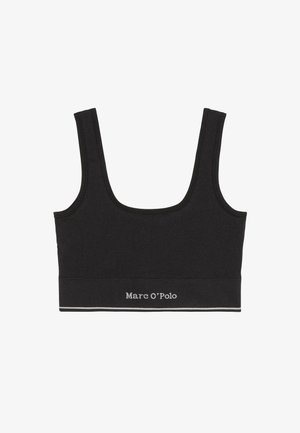 Sort sports-bh med brede stropper, struktureret stof og elastisk bånd med "Marc O'Polo" logoet i hvid. Enkel, minimalistisk design.