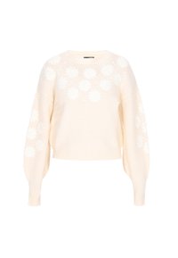 Cremefarvet sweater med et blomstermotiv i hvidt over brystet. Har teksturerede ærmer og en cropped længde. Strikket materiale.