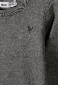 Siv pulover iz pletenine z rebrastim krojem okoli vratu. Ima majhen, temen vezen jelenji logotip na prsih.