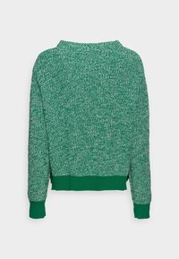 Pull en maille chinée vert et blanc avec manches longues, poignets et ourlet côtelés, présenté de dos sur un fond uni.