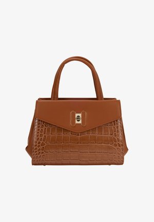 Sac à main marron en cuir, avec un motif crocodile texturé, un design structuré et un fermoir doré à l'avant.