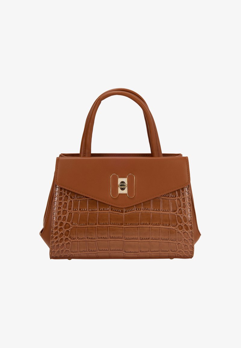 Sac à main marron en cuir, avec un motif crocodile texturé, un design structuré et un fermoir doré à l'avant.