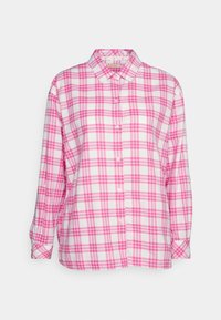 Růžová a bílá kostkovaná košile s límcem, zapínáním na knoflíky vpředu a dlouhými rukávy. Vyrobena z lehké látky, má ohrnuté manžety.