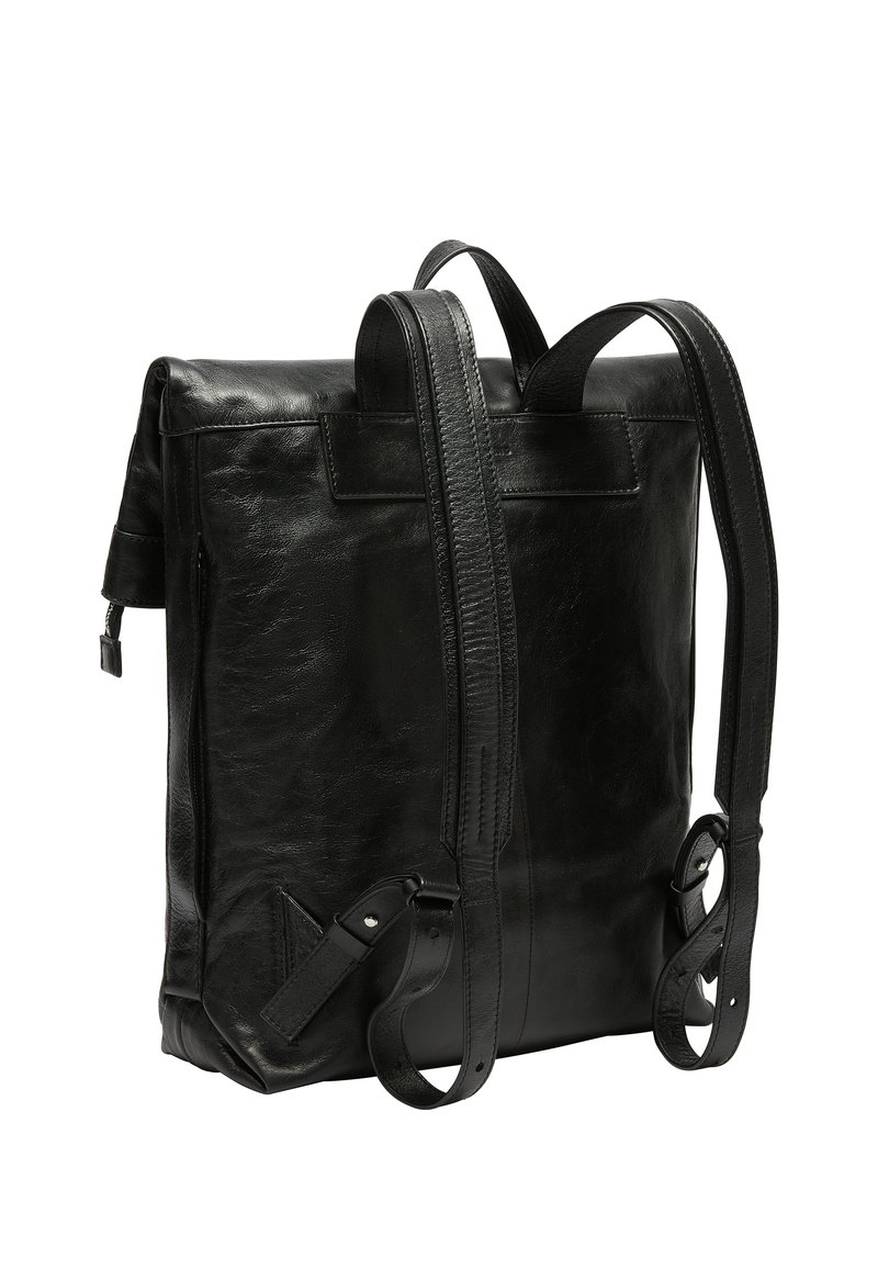 Schwarzer Leder-Rucksack mit verstellbaren Trägern, glatter Textur, minimalistischem Design, oberem Griff und dezenten Nähdetails.