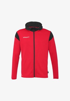 Rød zip-up jakke med sort hætte og skulderdetaljer. Lavet af blødt stof med "uhlsport" logoet på forsiden.