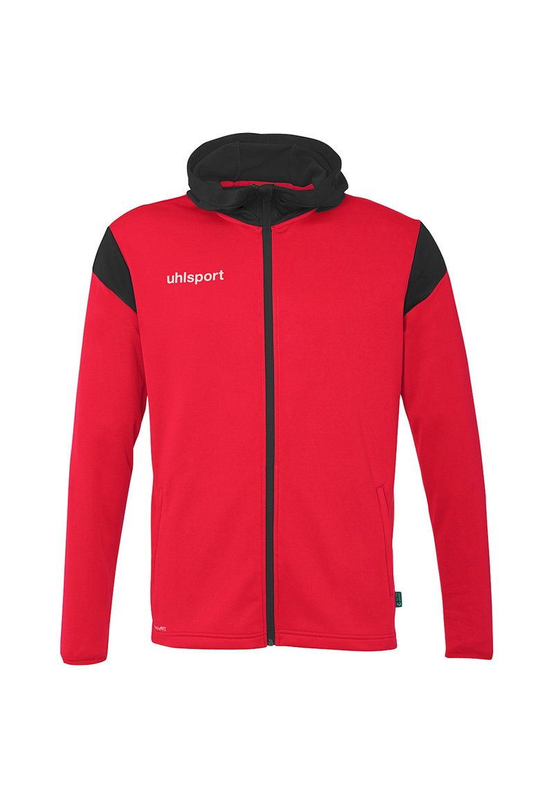 Rote Zip-Jacke mit schwarzer Kapuze und Schulterakzenten. Hergestellt aus weichem Stoff, der das "uhlsport"-Logo auf der Vorderseite trägt.