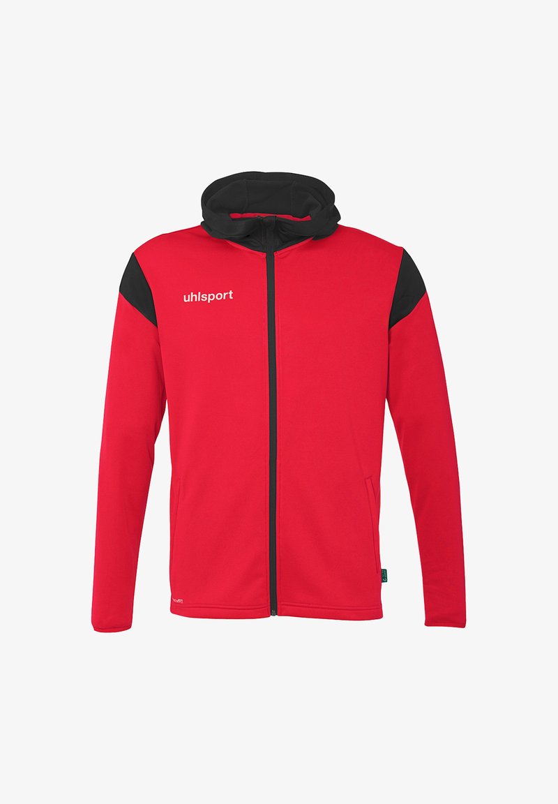 Rote Zip-Jacke mit schwarzer Kapuze und Schulterakzenten. Hergestellt aus weichem Stoff, der das "uhlsport"-Logo auf der Vorderseite trägt.