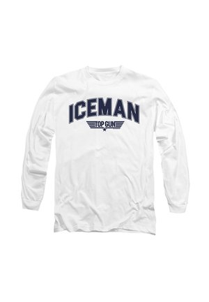 Weißes Langarm-T-Shirt aus Baumwolle mit den in marineblauen, fetten Buchstaben bedruckten Worten "ICEMAN" und "TOP GUN", versehen mit Flügelakzenten und einem Stern.