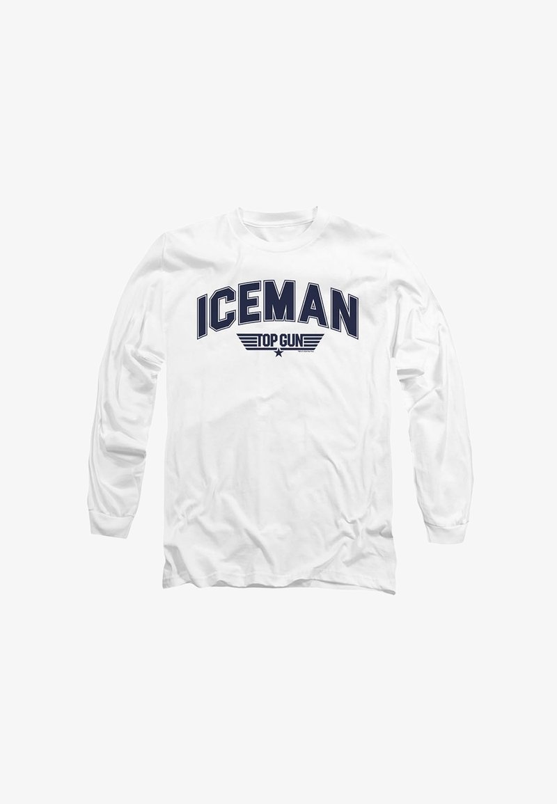 White long-sleeve t-shirt made of cotton with "ICEMAN" and "TOP GUN" printed in navy bold letters, featuring winged accents and a star.