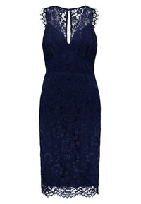 Vestido de encaje azul marino con un escote en V profundo, mangas cortas de encaje transparente y silueta ajustada, con un dobladillo ondulado y un patrón floral.