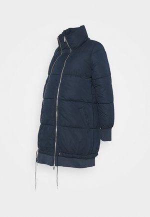 Laskettava sininen pehmeä takki korkealla kauluksella, etuvetoketju ja joustavat hihansuut. Sisältää kaksi sivutaskua ja nauhan helmassa.