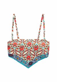 Virágmintás bikini felső állítható pántokkal. Élénk piros és kék árnyalatokkal büszkélkedik egy krém alapon. Texturált anyag, háromszög alakú.