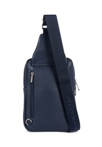 Borsa a tracolla in pelle testurizzata blu navy con tasca anteriore con zip e ampia tracolla regolabile, impreziosita dal logo "LANCASTER".