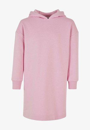 Abito felpa rosa realizzato in tessuto morbido, con cappuccio regolabile, maniche lunghe e polsini a costine. Design semplice senza decorazioni.