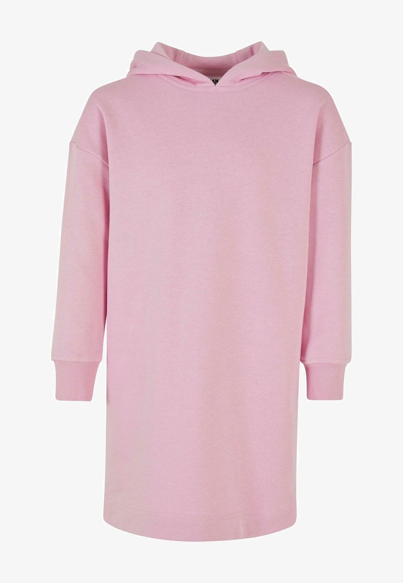 Ružičasta haljina s kapuljačom izrađena od mekog materijala, s vezicom na kapuljači, dugim rukavima i rebrastim manžetama. Jednostavan dizajn bez ukrasa.