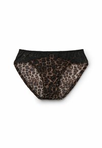 Bikini slip met luipaardprint, gemaakt van doorschijnende stof en met een zwarte kanten tailleband. Het heeft een lage taille en een gladde textuur.