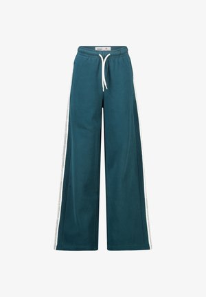 Turquoise wijde sweatpants met een trekkoord in de taille, voorzien van contrasterende witte zijstrepen en gemaakt van een zachte katoenmix.