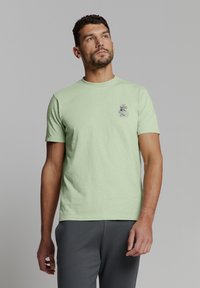 Mintgroene t-shirt met korte mouwen van zachte stof, met een ronde halslijn en een klein geborduurd ontwerp op de linkerkant van de borst.