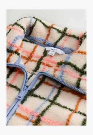Béžová fleecová bunda na zip se barevným kostkovaným vzorem v modré, růžové, zelené a oranžové barvě. Obsahuje světlomodrý zip.