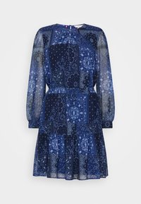 Marineblaues Kleid mit Bandana-Print, das lange durchsichtige Ärmel, einen runden Ausschnitt, einen elastischen Taillenbund und ein gestuftes Rockdesign aufweist.