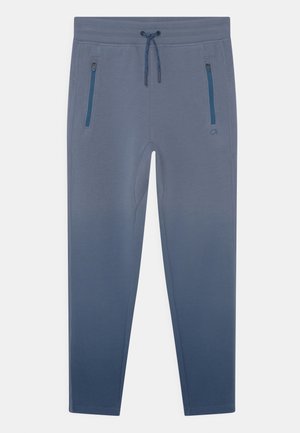 Męskie szare spodnie dresowe w fasonie slim fit z niebieskim gradientem, elastycznym paskiem w talii, sznurkiem i dwoma przednimi kieszeniami na zamek.