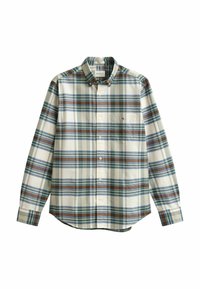 Camicia button-down bianca con un motivo a quadri verde, blu e marrone. Maniche lunghe, taschino sul petto, materiale in cotone morbido.