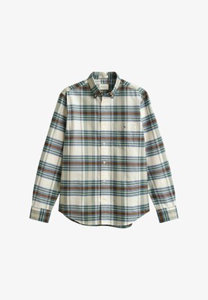 Button-down shirt in white with a green, blue, and brown plaid pattern. Long sleeves, chest pocket, soft cotton material.