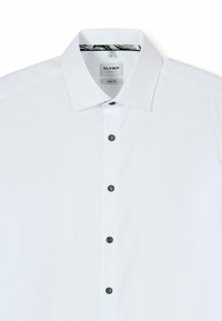 White dress shirt with a classic collar, black buttons down the front, and a patterned inner collar. Cotton material, body fit design.
