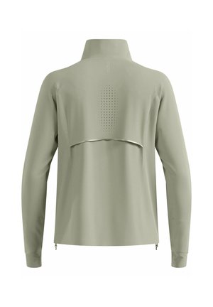 Light green long-sleeve jacket with high collar, back ventilation panel with perforations, and zip details at the hem sides.