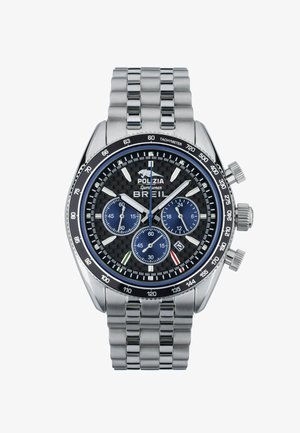 Chronograph-Uhr mit Edelstahlband, schwarzem Carbonfaser-Zifferblatt, blauen Ziffern, silbernen Akzenten und Tachymeter-Lünette für präzise Zeitmessung.