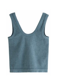 Ribidega tank top pehmest sinisest kangast. Omab laiad õlarihmad, ümarat kaelust ja keha lähedast siluetti. Ilma lisamustreid või aksessuaare.