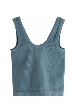 Bokštuota mėlynos spalvos liemenėlė. Turi apačią iškirptą iškirptę ir plačias petnešėles. Pagaminta iš minkštos, tamprios medžiagos su tekstūruota paviršiaus faktūra.