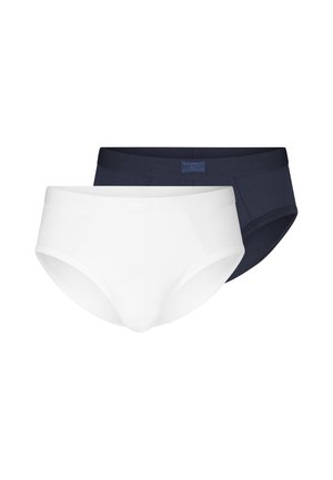 Two men's briefs in solid colors, one white in front and one navy blue behind, displayed against a white background.