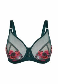 Biustonosz z ciemnozieloną bazą, przeźroczystymi miseczkami z koronkowym haftem w różowe i czerwone kwiaty oraz regulowanymi ramiączkami. Zapięcie z tyłu na dwa haki.