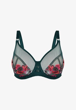 Biustonosz z ciemnozieloną bazą, przeźroczystymi miseczkami z koronkowym haftem w różowe i czerwone kwiaty oraz regulowanymi ramiączkami. Zapięcie z tyłu na dwa haki.