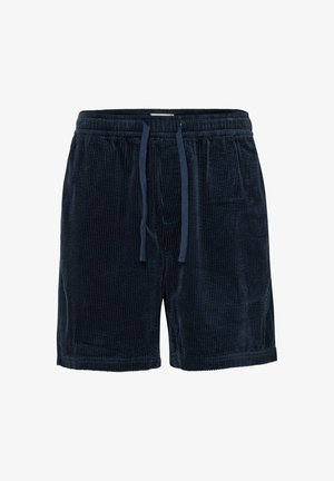 Mornarsko modri kord shorts s elastičnim pasom in vrvico, ki imajo navpično rebrasto teksturo in stranske žepke.