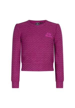 Sweat-shirt court violet avec un motif en losanges texturé, col rond et manches longues. Logo brodé sur la poitrine.