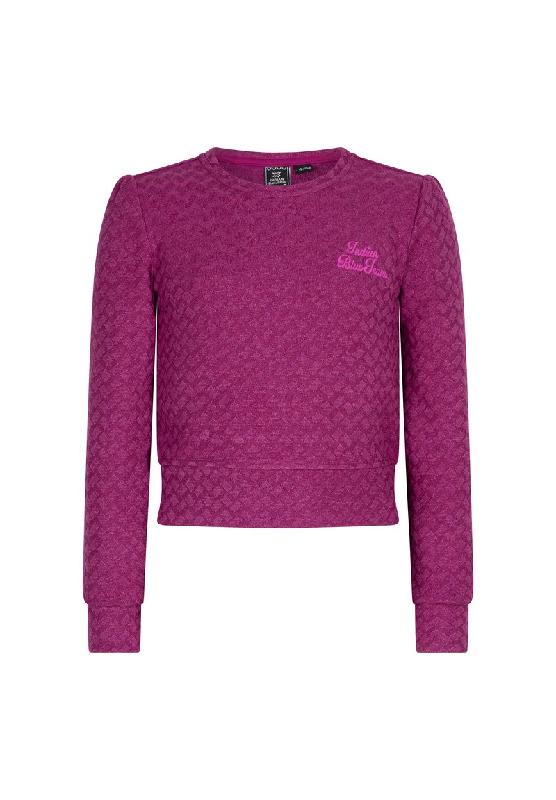 Lila kort sweatshirt med en strukturerad diamantmönster, rund halsringning och långa ärmar. Har logotypbroderi på bröstet.