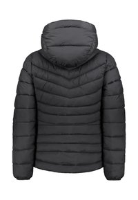 Schwarze gepolsterte Jacke mit Kapuze, mit einem Chevron-Steppmuster, elastischen Bündchen und einer glatten Textur. Rückansicht.