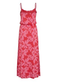 Maxi dress in red fabric with pink floral pattern; features thin straps, elastic waist, and flowing design. Smooth texture, casual style.