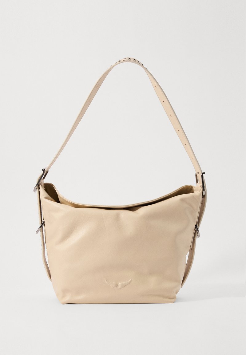 Beige leather shoulder bag with a slouchy design, featuring smooth texture, an adjustable strap, and a subtle embossed logo detail.