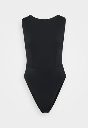 Black one-piece swimsuit with a high neckline, minimalist design, smooth texture, and high-cut leg openings. No visible embellishments.