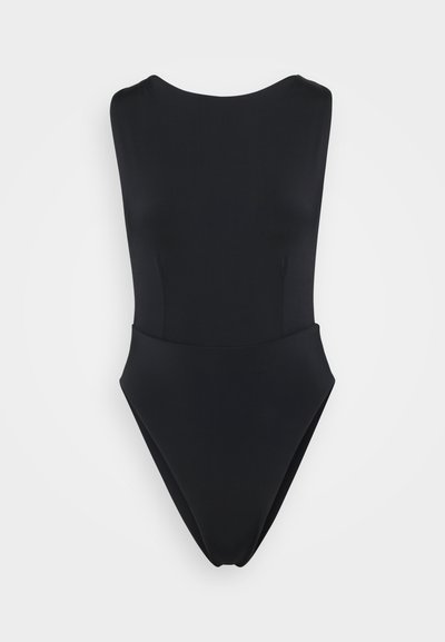Black one-piece swimsuit with a high neckline, minimalist design, smooth texture, and high-cut leg openings. No visible embellishments.