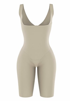Beige bodysuit met een ronde halslijn, stevige banden en een figuurvormend ontwerp. Gladde textuur en lengte tot halverwege de dij. Minimaal stiksel details.
