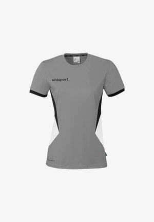Grijs sportshirt met korte mouwen, zwarte en witte zijpanelen, zwarte mouwboorden en het logo van "uhlsport" op de borst.