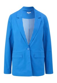 Blazer bleu vif à un bouton avec revers crantés et poches avant à rabat, avec une doublure intérieure rayée bleu clair et blanc.